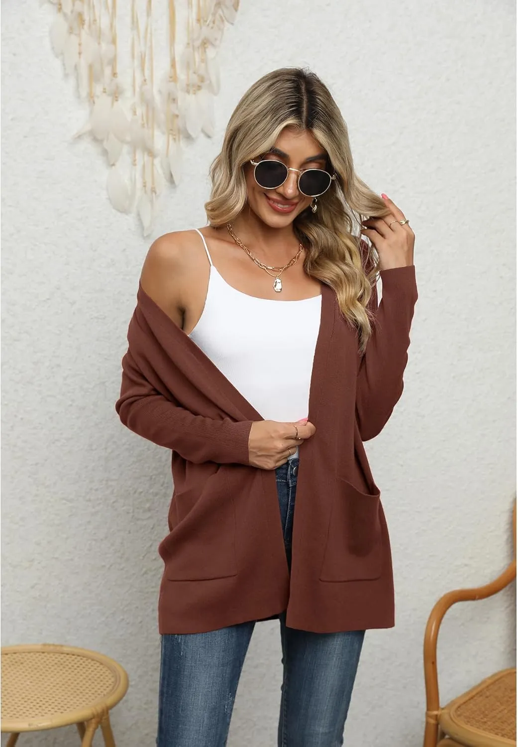 LILBETTER Womens Casual Lightweight Long Sleeve Open Front Cardigan Sweaters with Pockets
