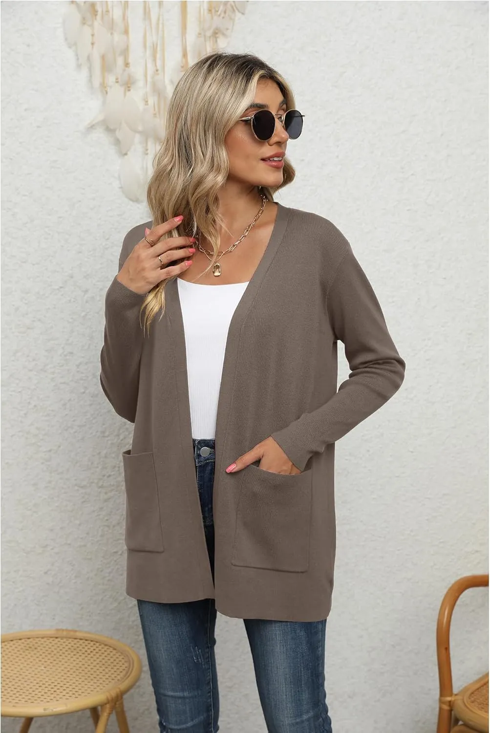 LILBETTER Womens Casual Lightweight Long Sleeve Open Front Cardigan Sweaters with Pockets