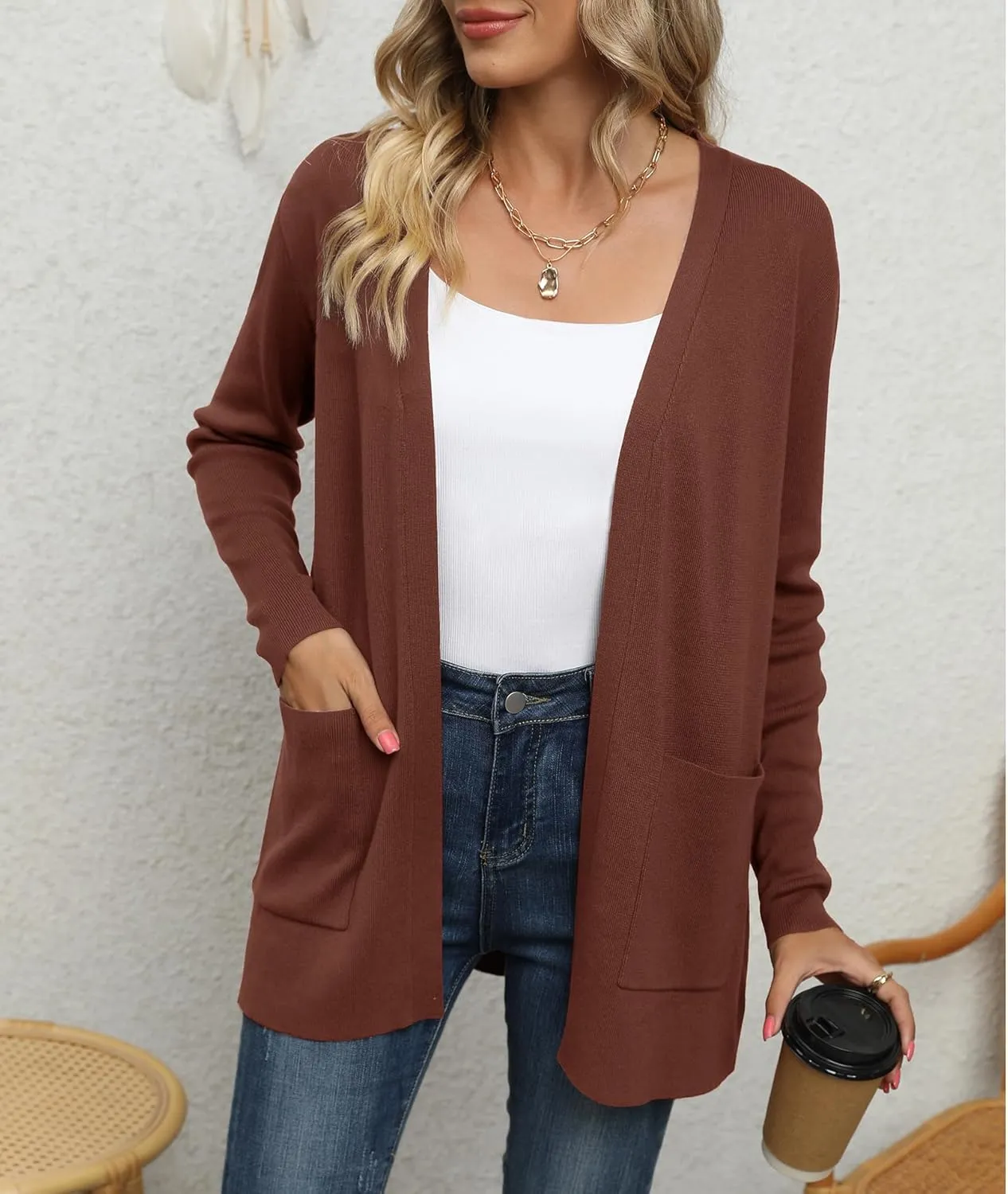 LILBETTER Womens Casual Lightweight Long Sleeve Open Front Cardigan Sweaters with Pockets