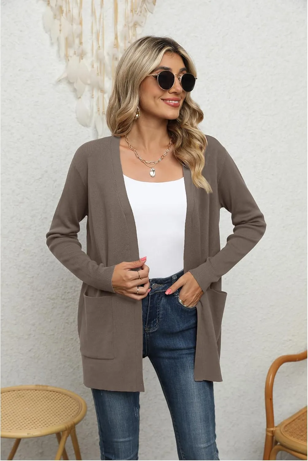 LILBETTER Womens Casual Lightweight Long Sleeve Open Front Cardigan Sweaters with Pockets