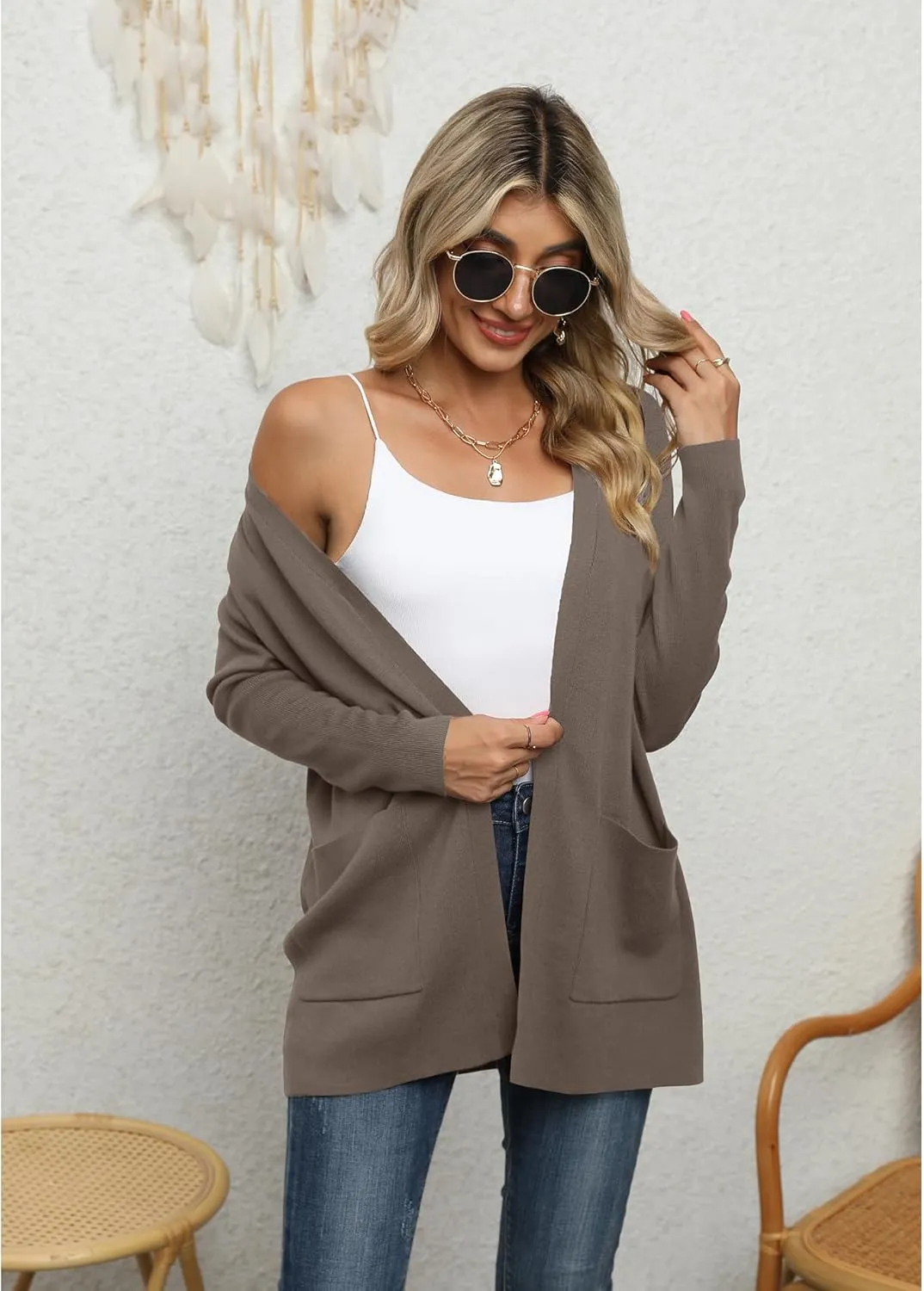 LILBETTER Womens Casual Lightweight Long Sleeve Open Front Cardigan Sweaters with Pockets