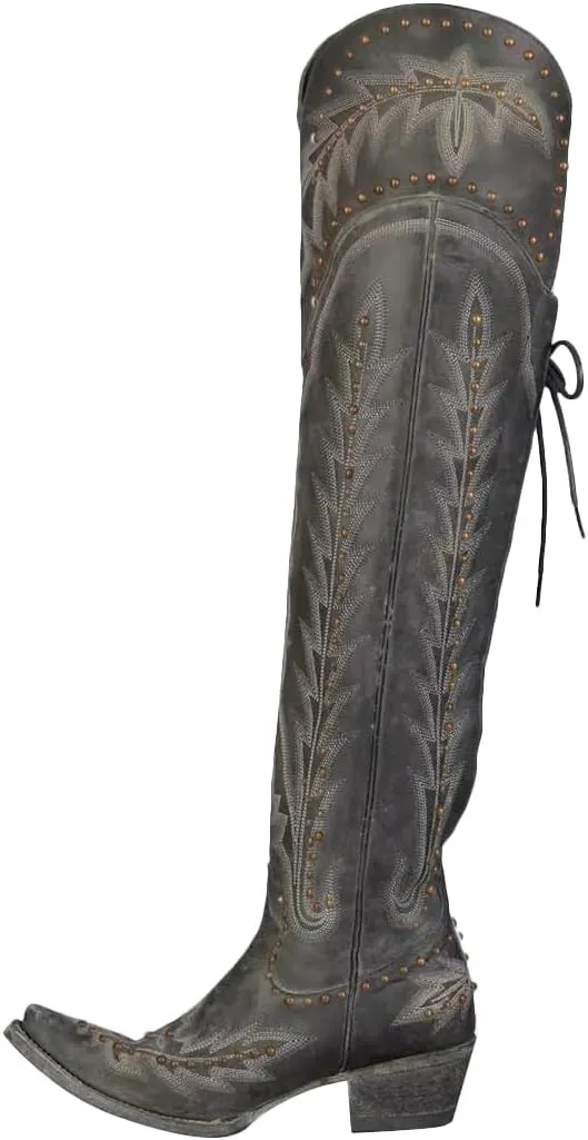 LISHAN Women's Western Cowboy Cowgirl Boots Thigh High Embroidered Block Heels Faux Leather Back Lace Up Shoes