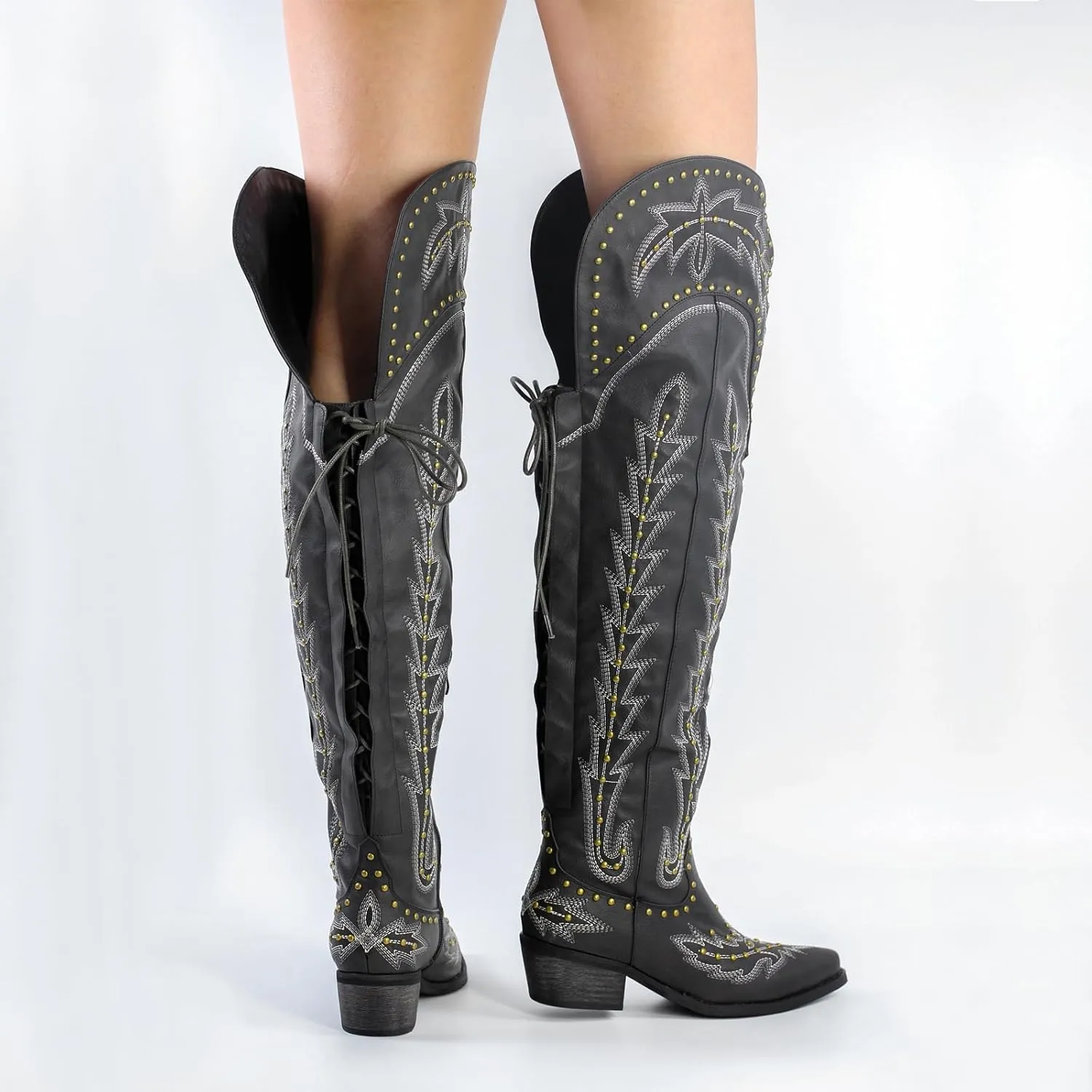 LISHAN Women's Western Cowboy Cowgirl Boots Thigh High Embroidered Block Heels Faux Leather Back Lace Up Shoes