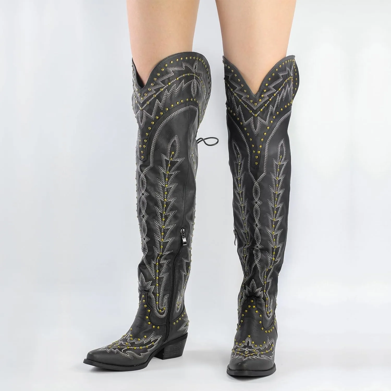 LISHAN Women's Western Cowboy Cowgirl Boots Thigh High Embroidered Block Heels Faux Leather Back Lace Up Shoes
