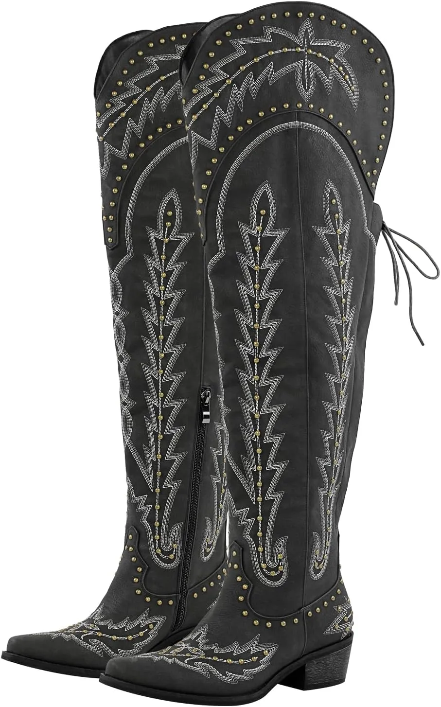 LISHAN Women's Western Cowboy Cowgirl Boots Thigh High Embroidered Block Heels Faux Leather Back Lace Up Shoes