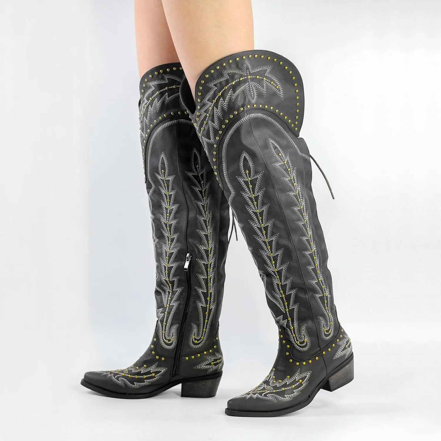 LISHAN Women's Western Cowboy Cowgirl Boots Thigh High Embroidered Block Heels Faux Leather Back Lace Up Shoes