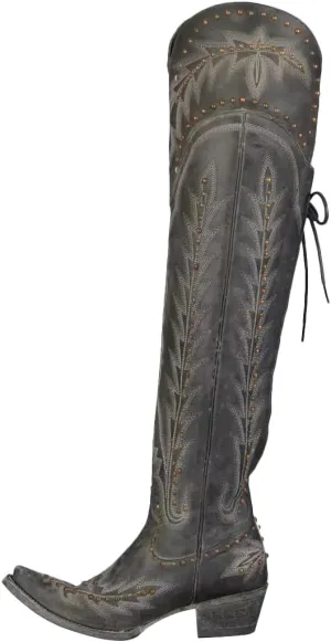 LISHAN Women's Western Cowboy Cowgirl Boots Thigh High Embroidered Block Heels Faux Leather Back Lace Up Shoes