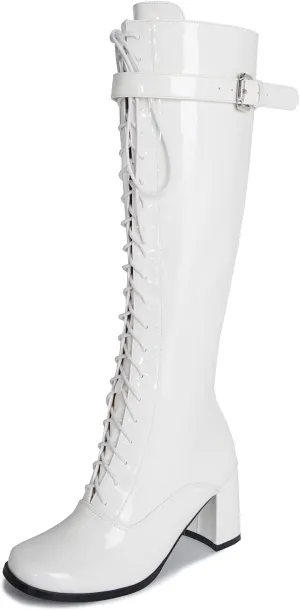 LIURUIJIA Women's Gogo Boots Lace up Knee High Block Heel Side Zipper Riding Boots