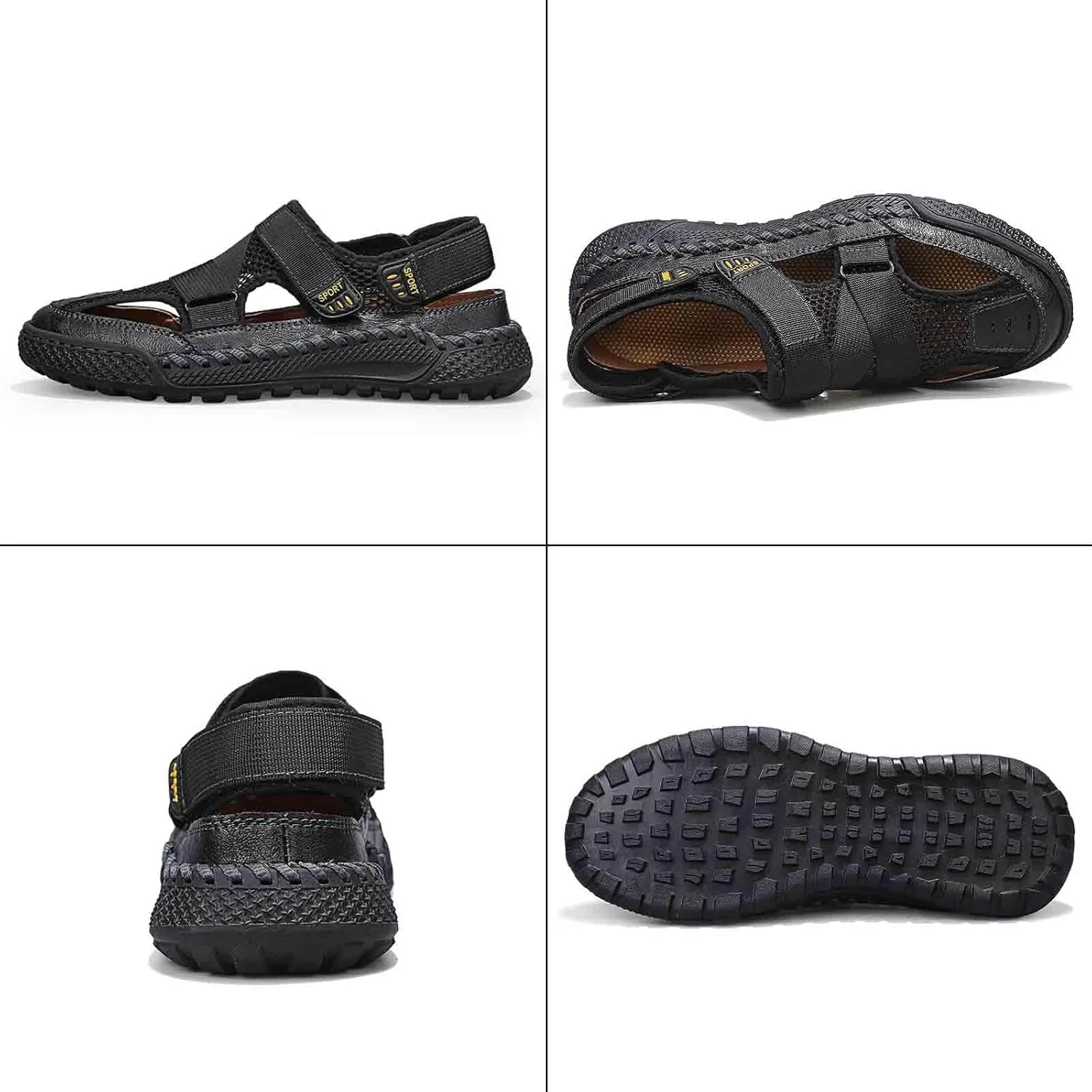 Lossarye Men's Leather Mesh Closed Toe Sandals with Adjustable Hook and Loop Outdoor Waterproof Non-slip Walking Sports Sandals Comfortable Casual Fisherman Beach Sandals