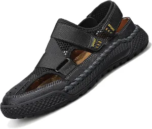 Lossarye Men's Leather Mesh Closed Toe Sandals with Adjustable Hook and Loop Outdoor Waterproof Non-slip Walking Sports Sandals Comfortable Casual Fisherman Beach Sandals