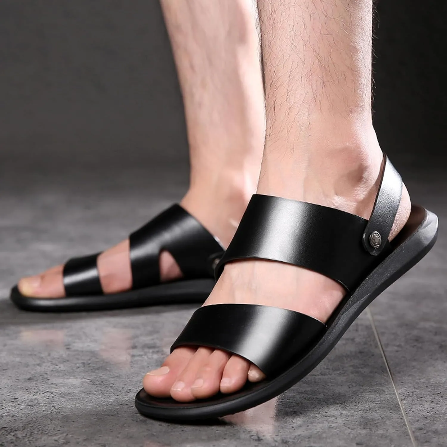 Lossarye Men's Leather Open Toe Casual Flat Sandals Adjustable Strap Lightweight Non-Slip Outdoor Walking Sandals Summer Dual Use Slippers