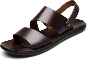 Lossarye Men's Leather Open Toe Casual Flat Sandals Adjustable Strap Lightweight Non-Slip Outdoor Walking Sandals Summer Dual Use Slippers