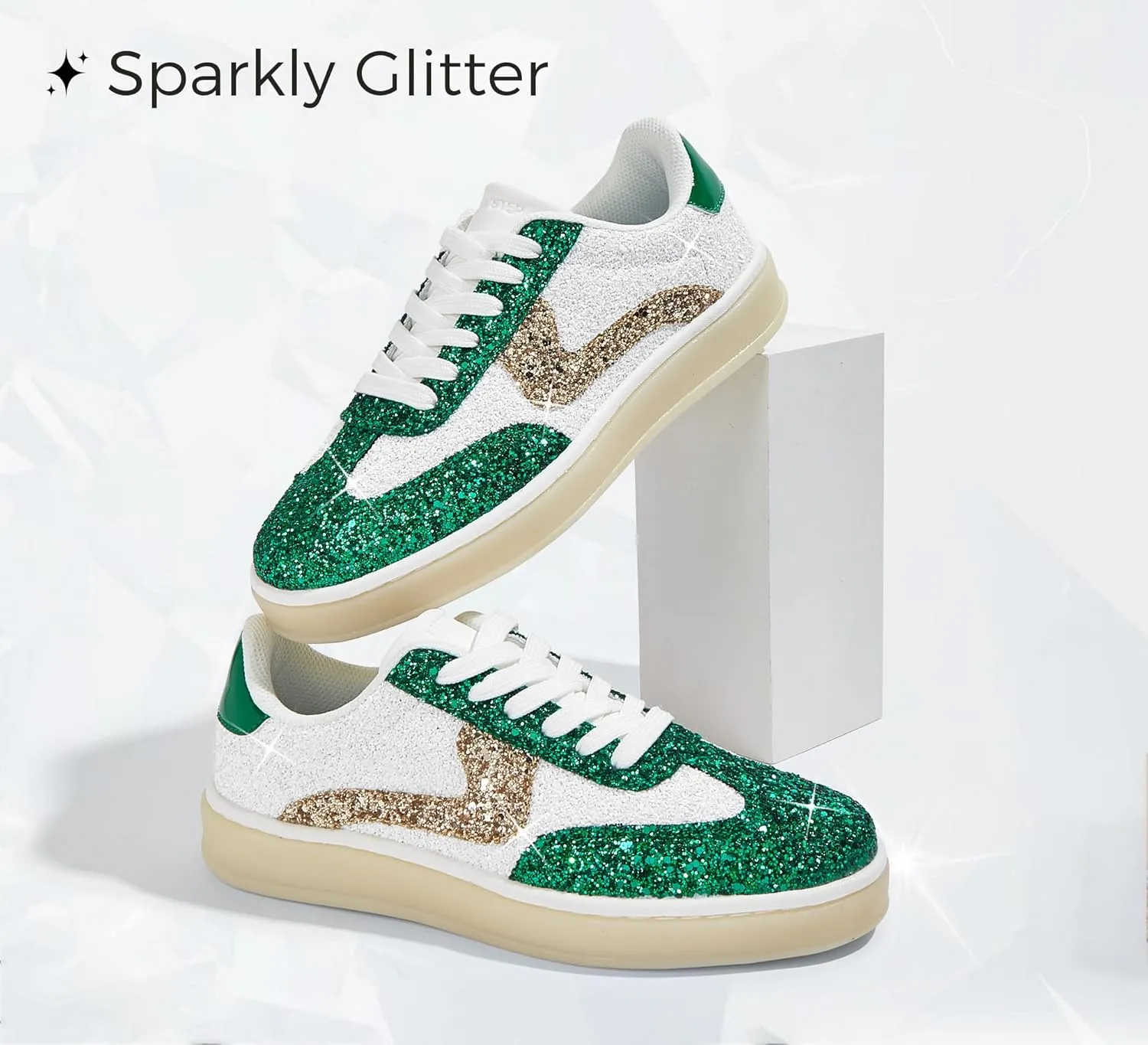 LUCKY STEP Women's Glitter Sneakers Fashion Retro Casual Sparkly Bling Shiny Dressy Bedazzled Bridal Wedding Anti Slip Walking Shoes