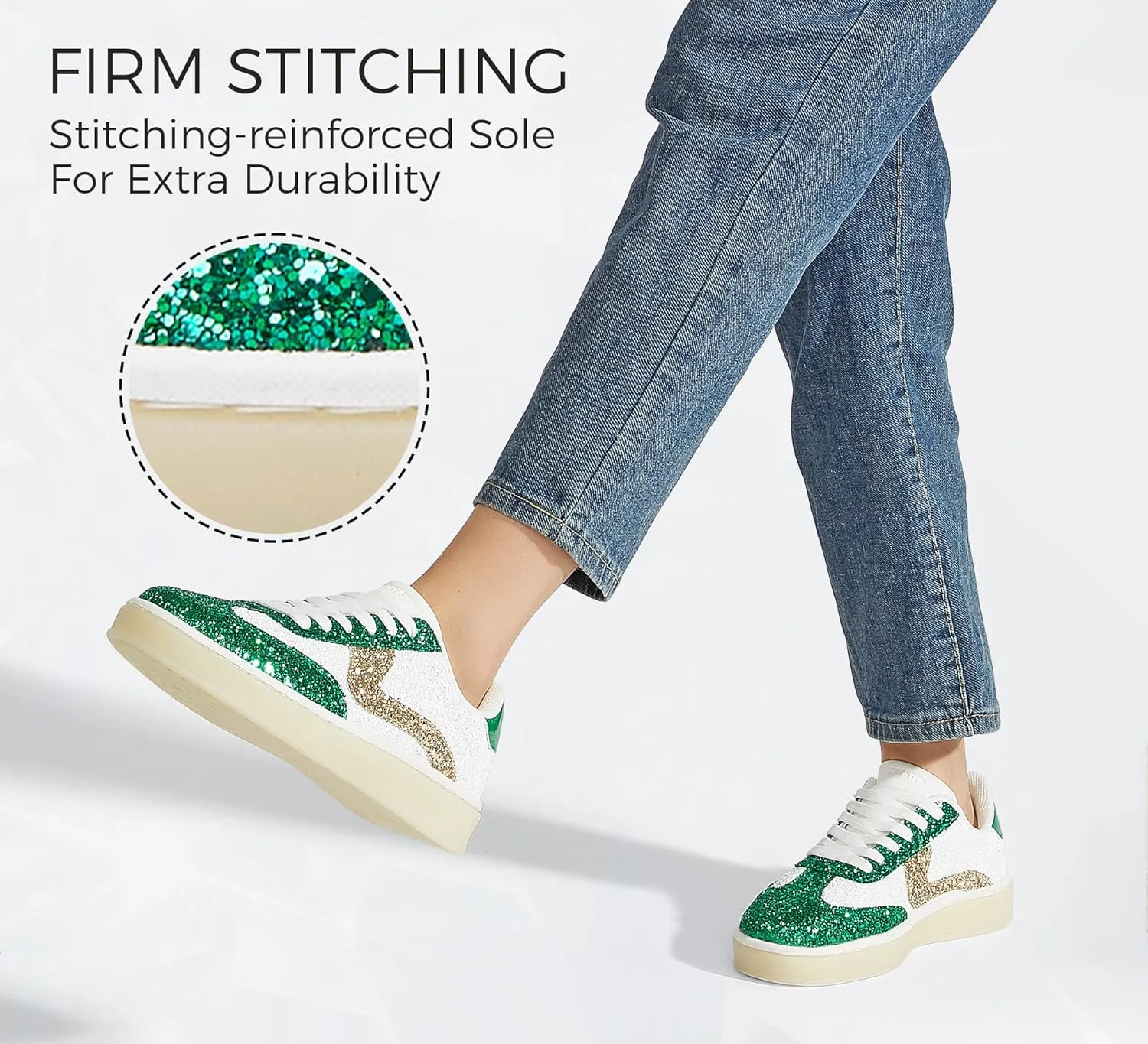 LUCKY STEP Women's Glitter Sneakers Fashion Retro Casual Sparkly Bling Shiny Dressy Bedazzled Bridal Wedding Anti Slip Walking Shoes