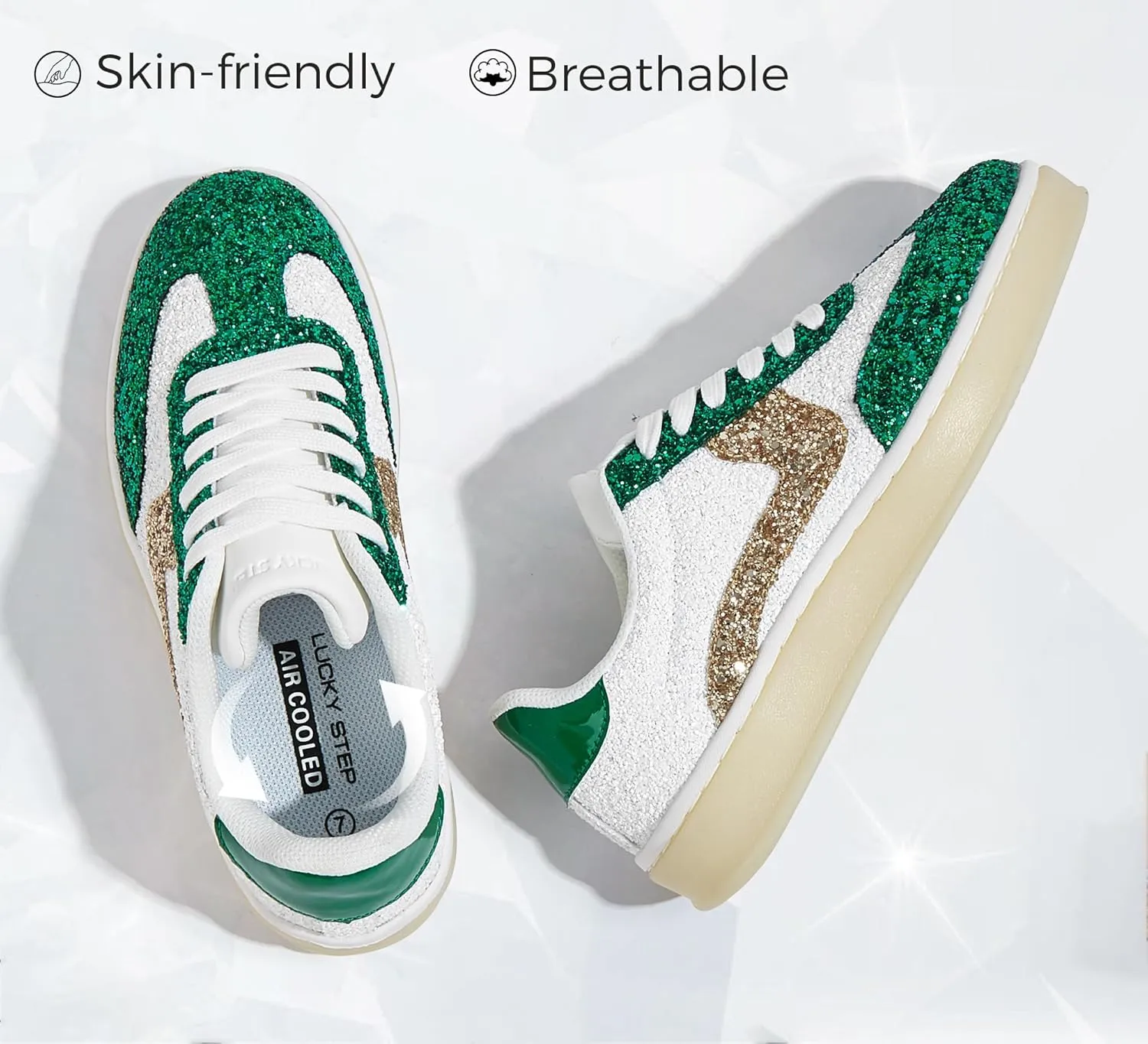 LUCKY STEP Women's Glitter Sneakers Fashion Retro Casual Sparkly Bling Shiny Dressy Bedazzled Bridal Wedding Anti Slip Walking Shoes