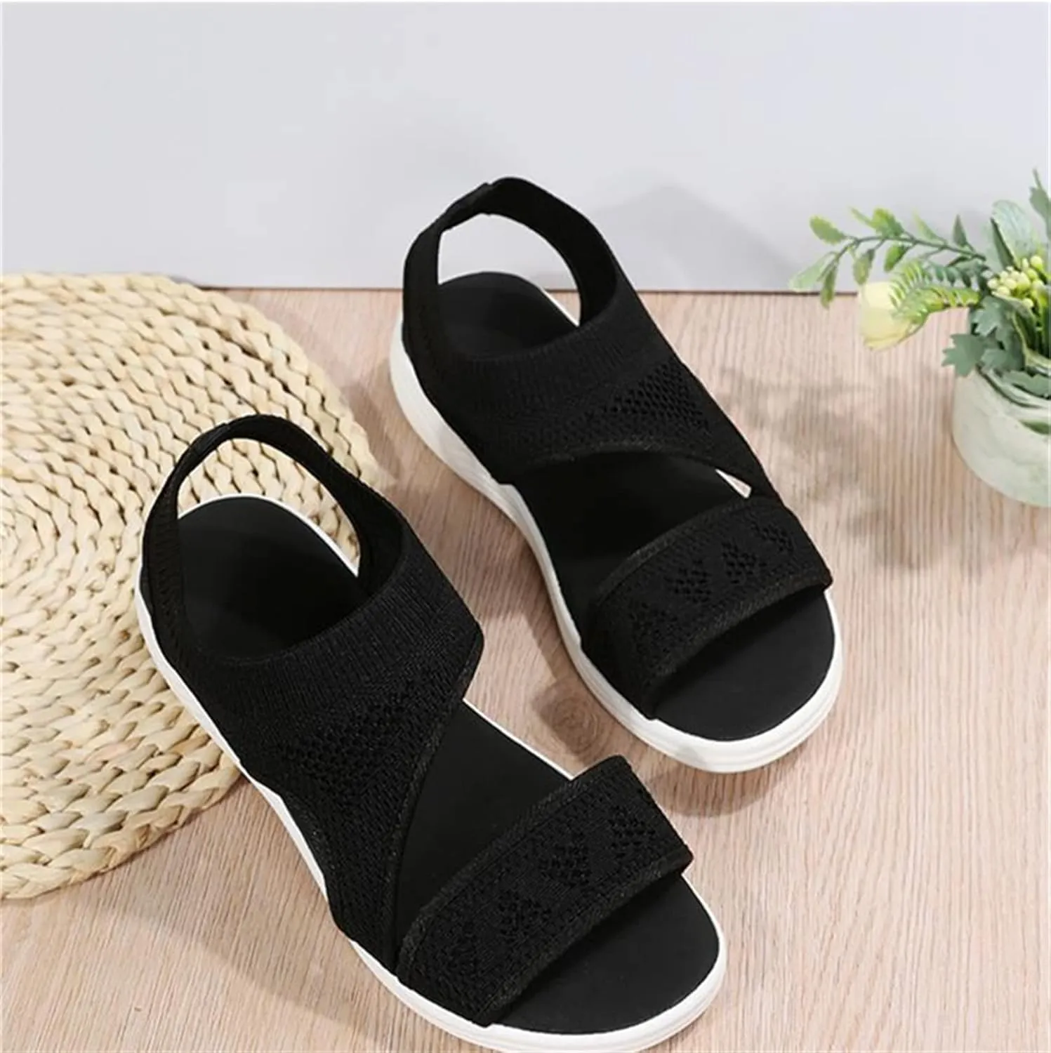 LUWAY Sandals for Women Summer Running Shoes Sneaker Flat Comfortable Lightweight Running Shoes Walking Road Jogging Lightweight Non Slip Casual Shoes,Black,US7.5/EU39