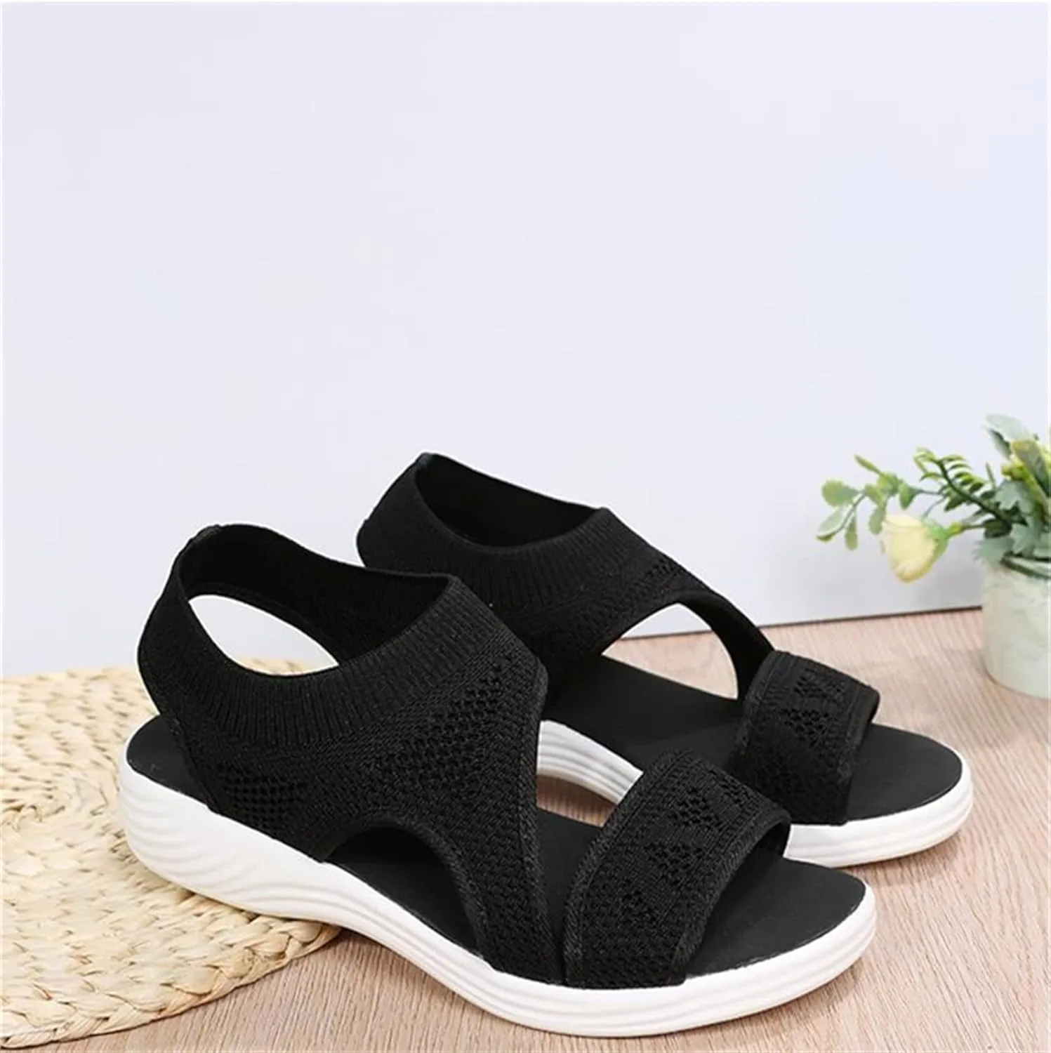 LUWAY Sandals for Women Summer Running Shoes Sneaker Flat Comfortable Lightweight Running Shoes Walking Road Jogging Lightweight Non Slip Casual Shoes,Black,US7.5/EU39
