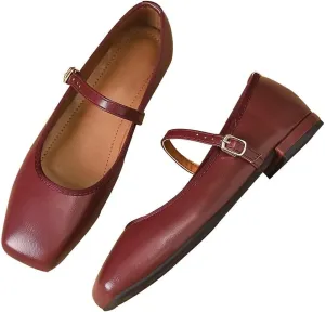 LUXINYU Mary Jane Flats for Women Dressy Retro Square Toe Ankle Strap Ballet Flats Comfortable Patent Leather Shoes
