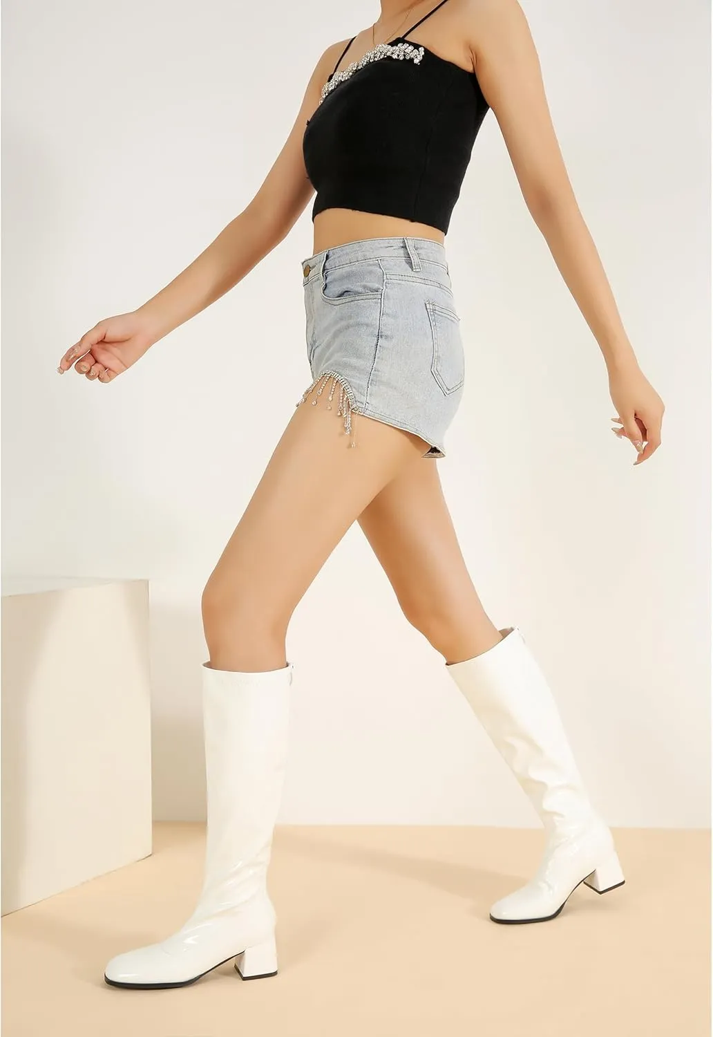 MAIERNISI JESSI Women's Gogo Boots Knee High Mid Block Heel Zipper Ladies Party Dance Boots