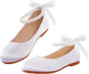 MEJORMEN Girls Dress Shoes Toddler Mary Jane Ballet Flats Princess Lace-Up Pearl Ankle Strap Dress Shoes for Flower Girls Wedding Party School