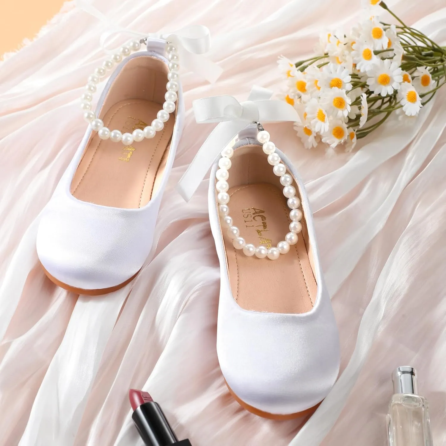 MEJORMEN Girls Dress Shoes Toddler Mary Jane Ballet Flats Princess Lace-Up Pearl Ankle Strap Dress Shoes for Flower Girls Wedding Party School