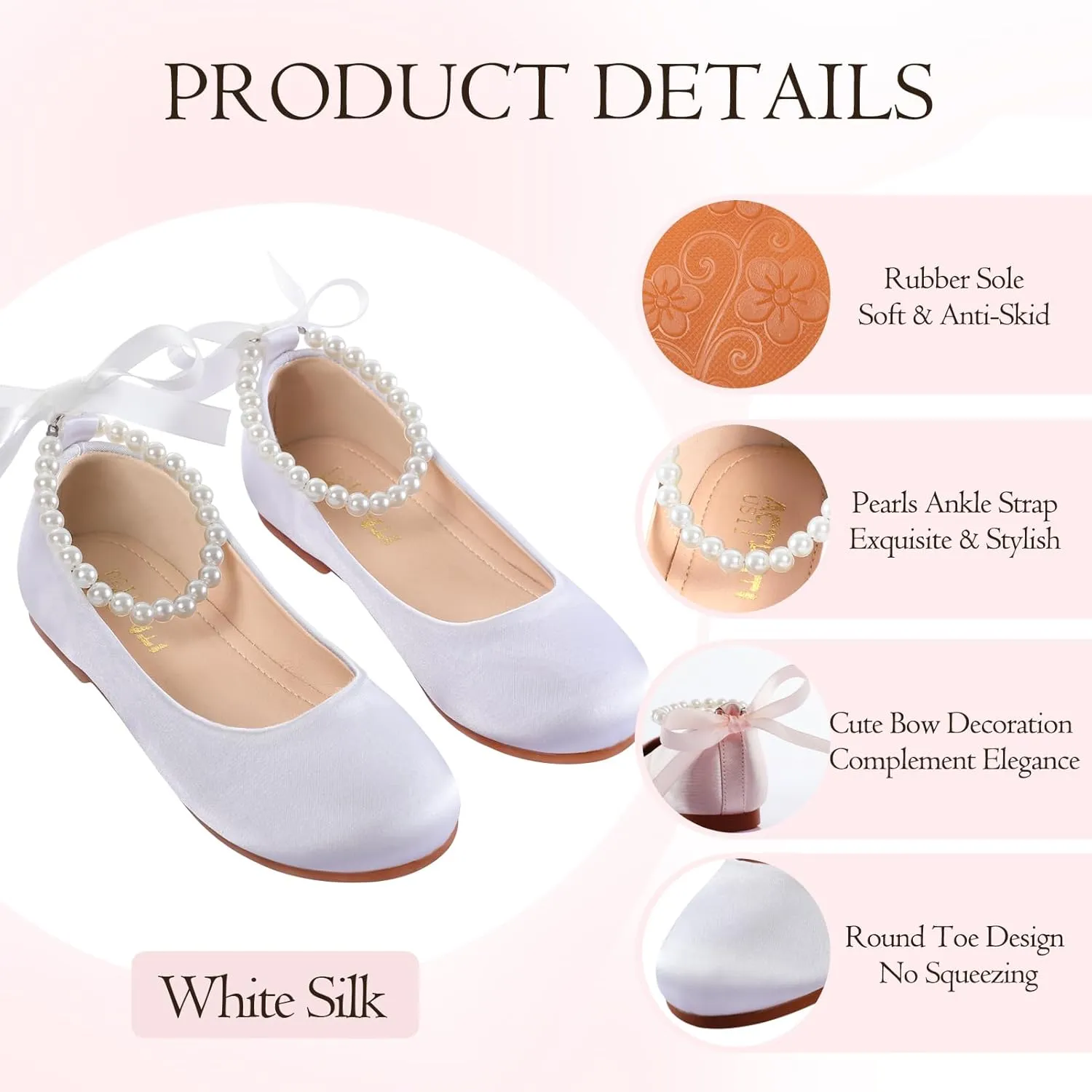 MEJORMEN Girls Dress Shoes Toddler Mary Jane Ballet Flats Princess Lace-Up Pearl Ankle Strap Dress Shoes for Flower Girls Wedding Party School