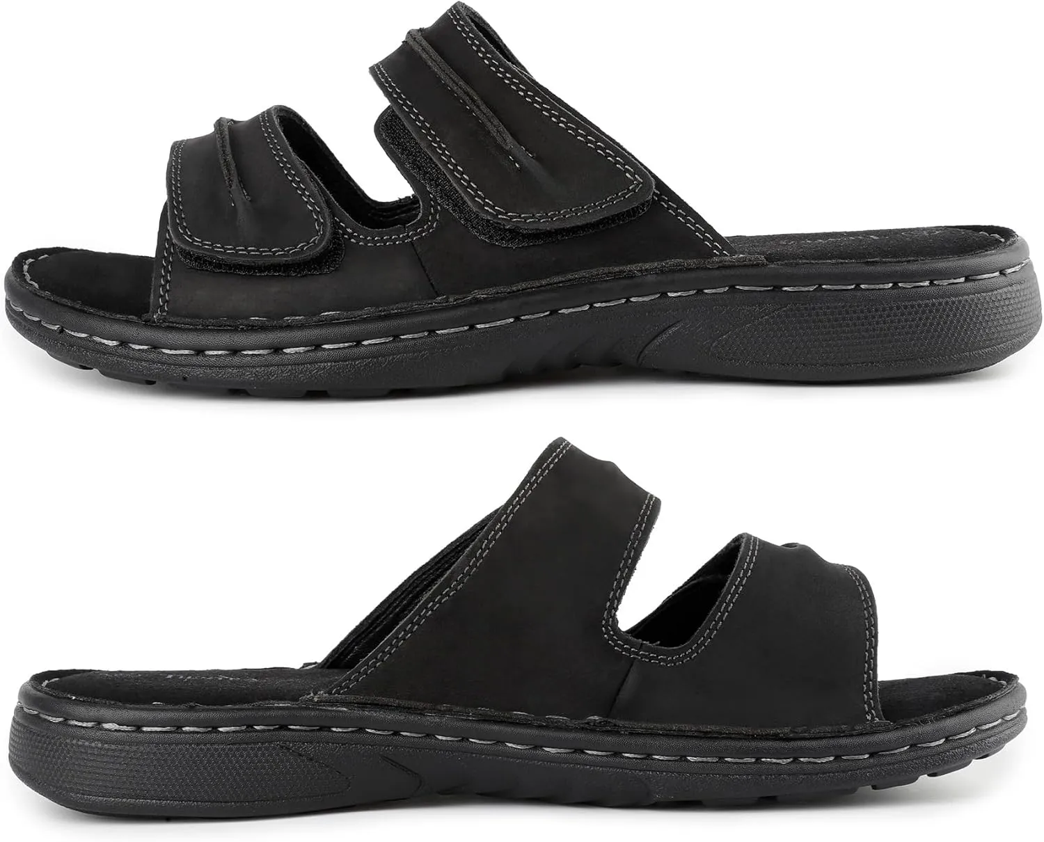 Mens Adjustable Leather Slide Sandals Comfortable Lightweight Summer Memory Foam Sandals Casual Beach Slip On Sandals for Men Indoor & Outdoor