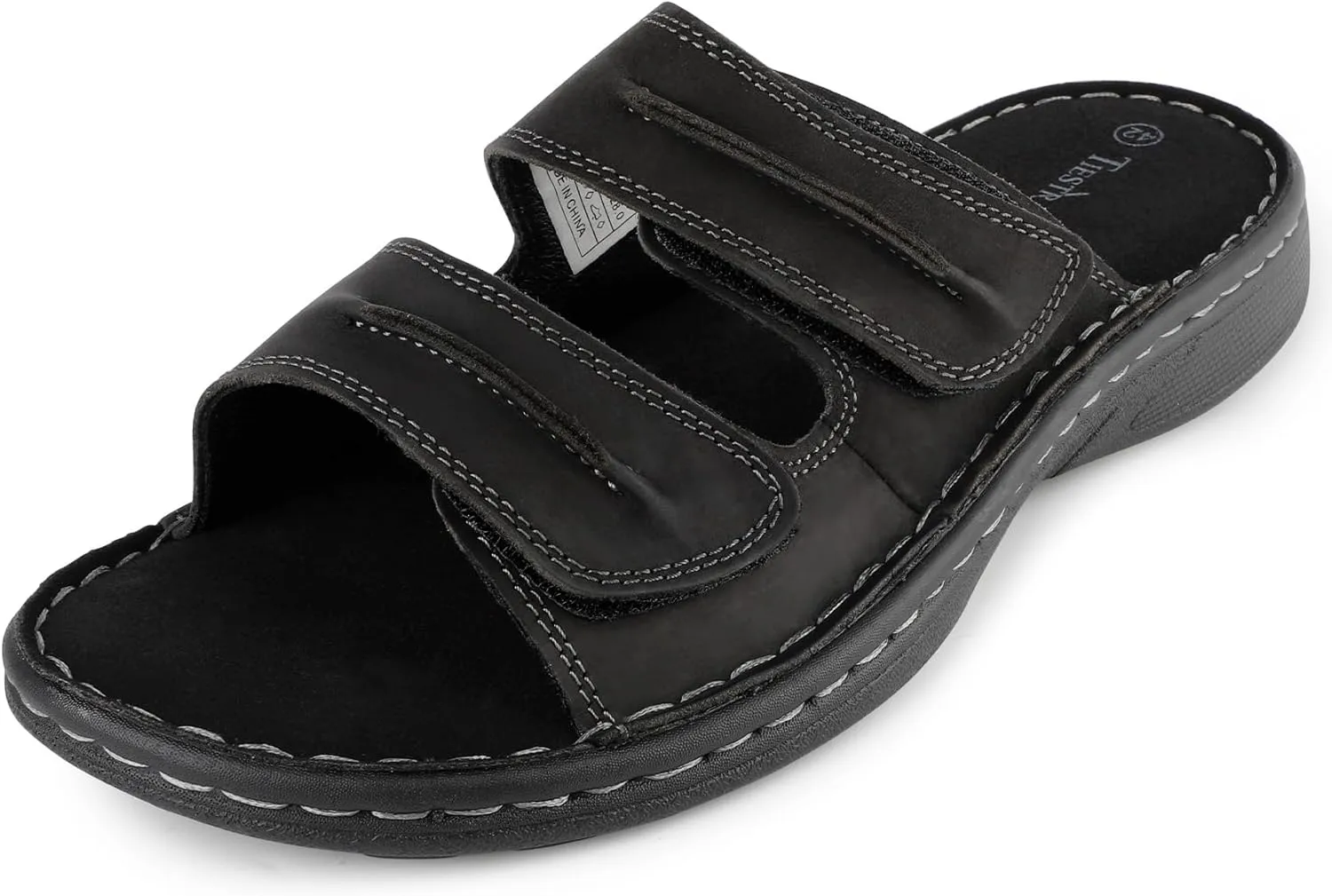 Mens Adjustable Leather Slide Sandals Comfortable Lightweight Summer Memory Foam Sandals Casual Beach Slip On Sandals for Men Indoor & Outdoor