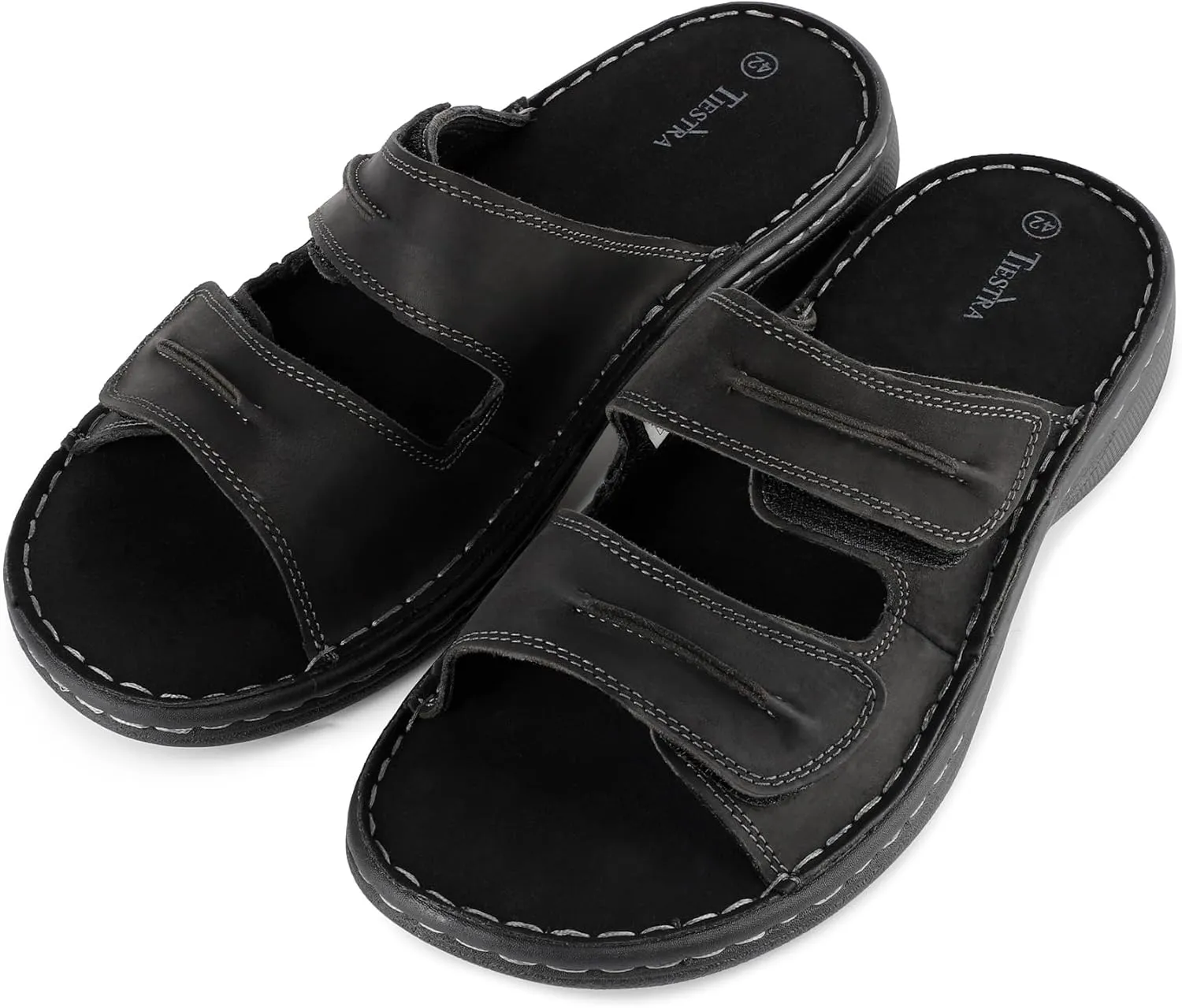 Mens Adjustable Leather Slide Sandals Comfortable Lightweight Summer Memory Foam Sandals Casual Beach Slip On Sandals for Men Indoor & Outdoor