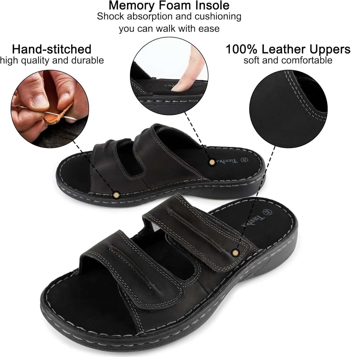 Mens Adjustable Leather Slide Sandals Comfortable Lightweight Summer Memory Foam Sandals Casual Beach Slip On Sandals for Men Indoor & Outdoor