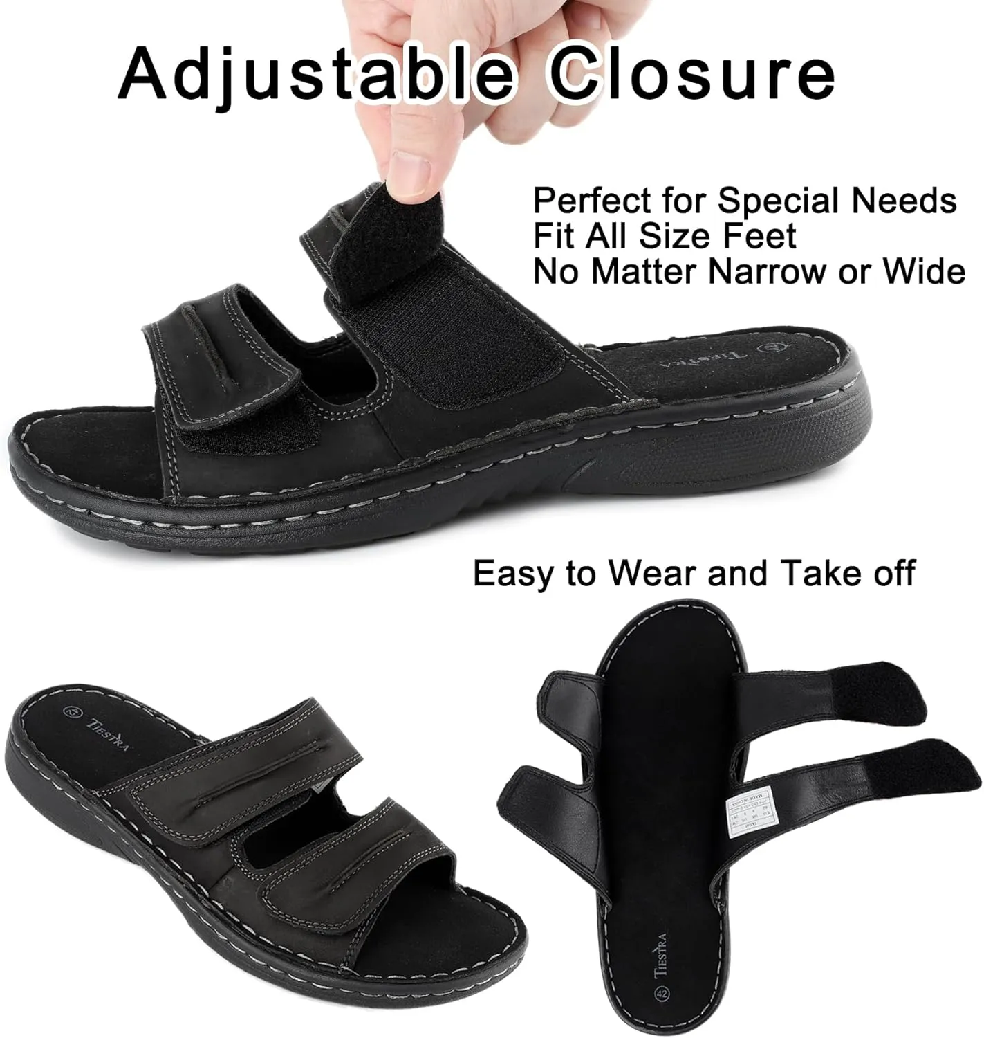 Mens Adjustable Leather Slide Sandals Comfortable Lightweight Summer Memory Foam Sandals Casual Beach Slip On Sandals for Men Indoor & Outdoor