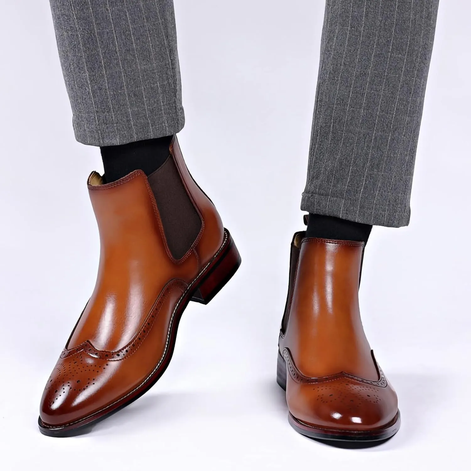Mens Brogue PU Leather Boots - Slip-On Chelsea Ankle Boots - British Style Casual Business Boots
