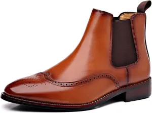 Mens Brogue PU Leather Boots - Slip-On Chelsea Ankle Boots - British Style Casual Business Boots