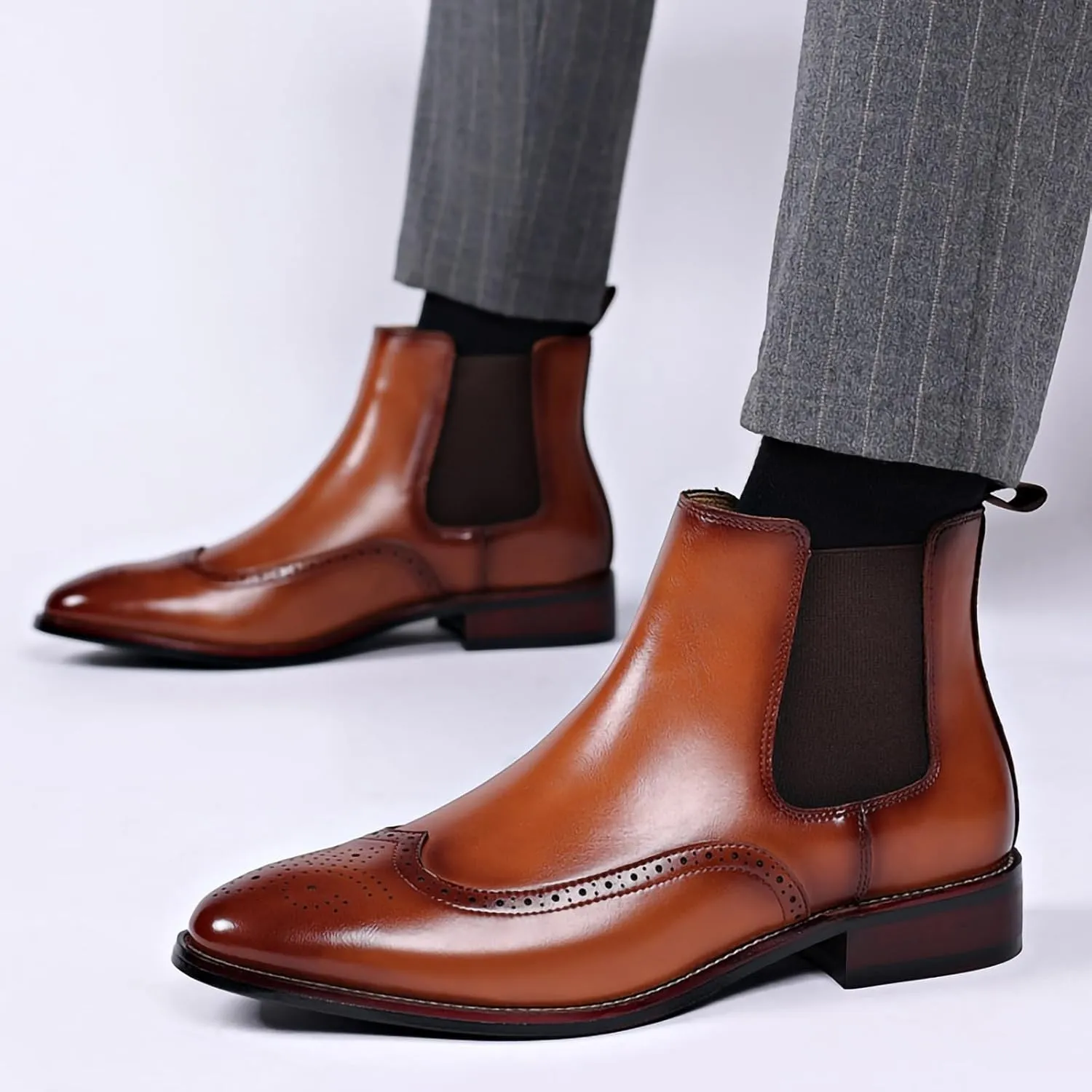 Mens Brogue PU Leather Boots - Slip-On Chelsea Ankle Boots - British Style Casual Business Boots