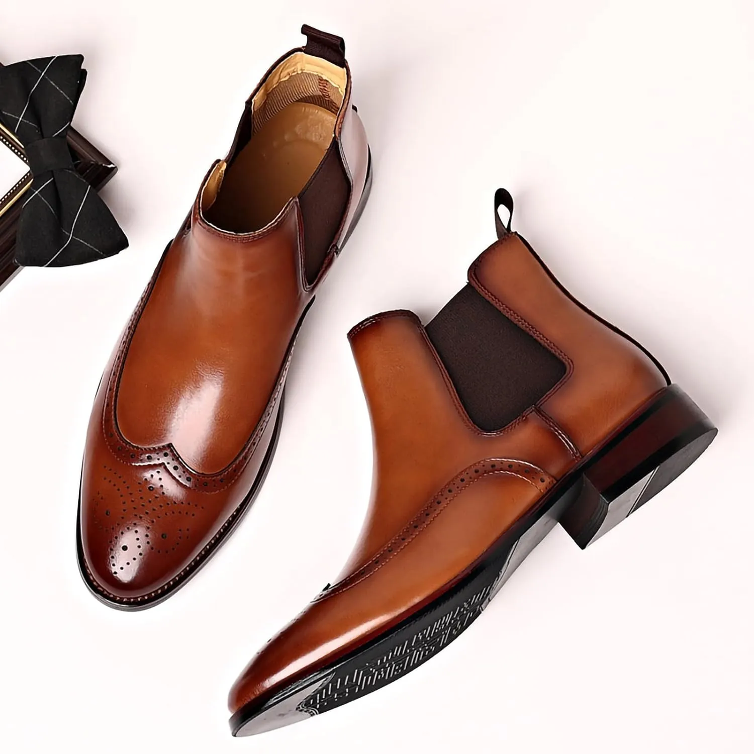 Mens Brogue PU Leather Boots - Slip-On Chelsea Ankle Boots - British Style Casual Business Boots