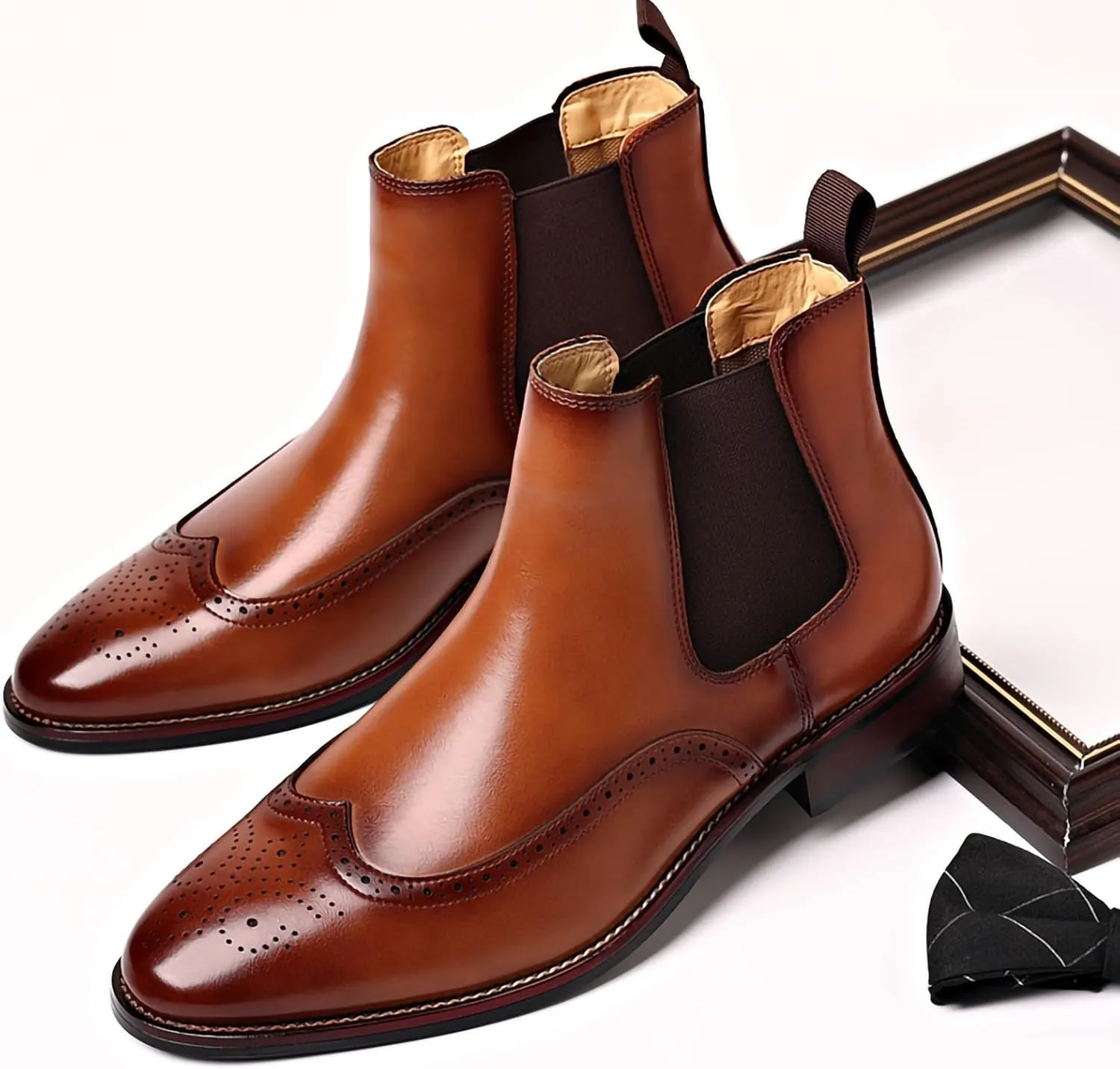 Mens Brogue PU Leather Boots - Slip-On Chelsea Ankle Boots - British Style Casual Business Boots