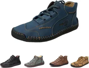 Men's Comfy Lightweight Stitching Leather Shoes, Leather Hand-Stitched Flat Mid-Cut Boots for Hiking Walking Driving (Blue,45EU)