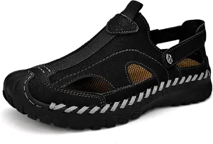 Men's Genuine Leather Handmade Hollow Flat Sports Sandals Lightweight Closed Round Toe Non-Slip Slip-On Summer Casual Breathable Beach Fisherman Shoes