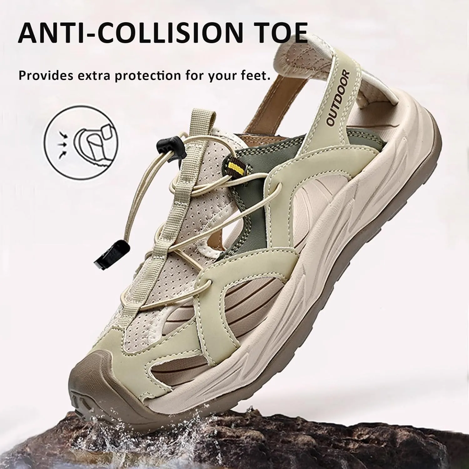 Men's Leather Closed Toe Sport Sandals Adjustable Outdoor Hiking Athletic Waterproof Arch Support Walking Sandals Summer Waterproof Beach Water Shoes