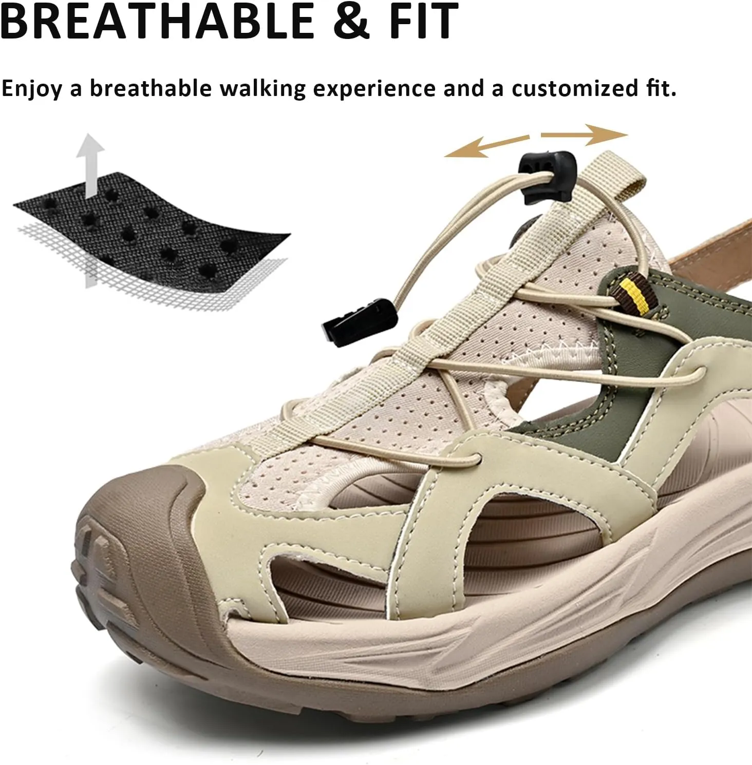 Men's Leather Closed Toe Sport Sandals Adjustable Outdoor Hiking Athletic Waterproof Arch Support Walking Sandals Summer Waterproof Beach Water Shoes