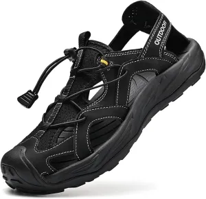 Men's Leather Closed Toe Sport Sandals Adjustable Outdoor Hiking Athletic Waterproof Arch Support Walking Sandals Summer Waterproof Beach Water Shoes