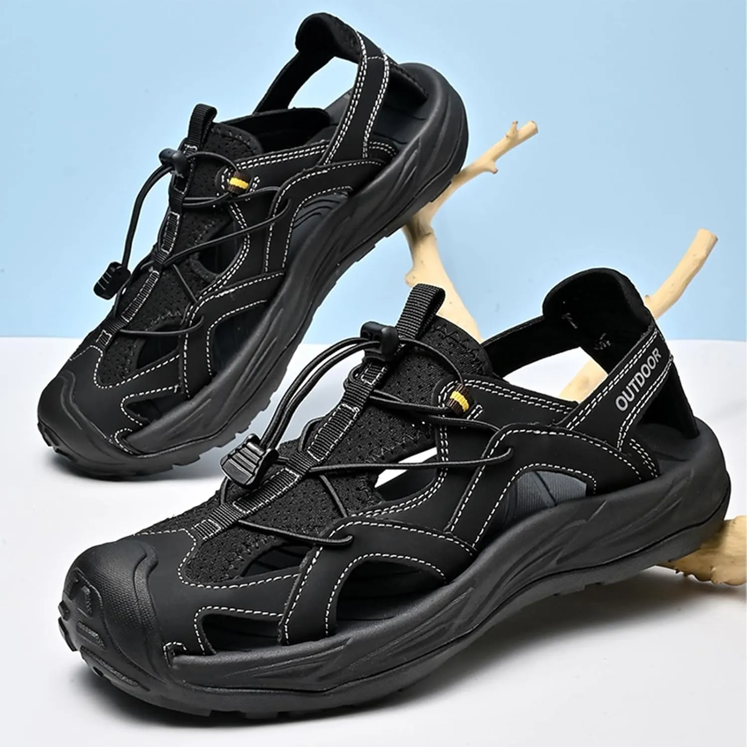 Men's Leather Closed Toe Sport Sandals Adjustable Outdoor Hiking Athletic Waterproof Arch Support Walking Sandals Summer Waterproof Beach Water Shoes