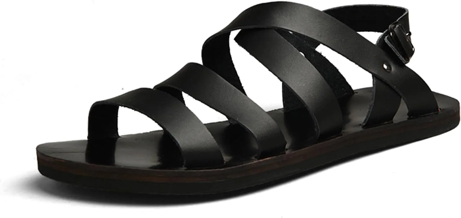 Men's Leather Cutout Flat Fisherman Sandals with Adjustable Ankle Buckle Lightweight Non-Slip Gladiator Sandals Fashion Open Toe Summer Beach Sandals