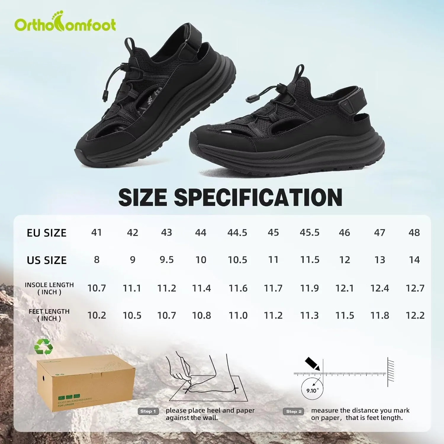 Men's Orthopedic Close Toes Hiking Sandals: Plantar Fasciitis Arch Support Adjustable Hook Loop Strap Athletic Sport Shoes, Comfortable Casual Camping Waterproof Summer Walking Sandals
