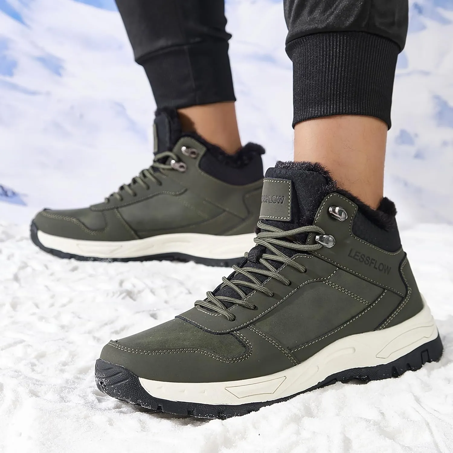 Mens Winter Snow Boots Warm Fur Lined Hiking Boots Anti-Slip Walking Ankle boots Leather Outdoor Shoes
