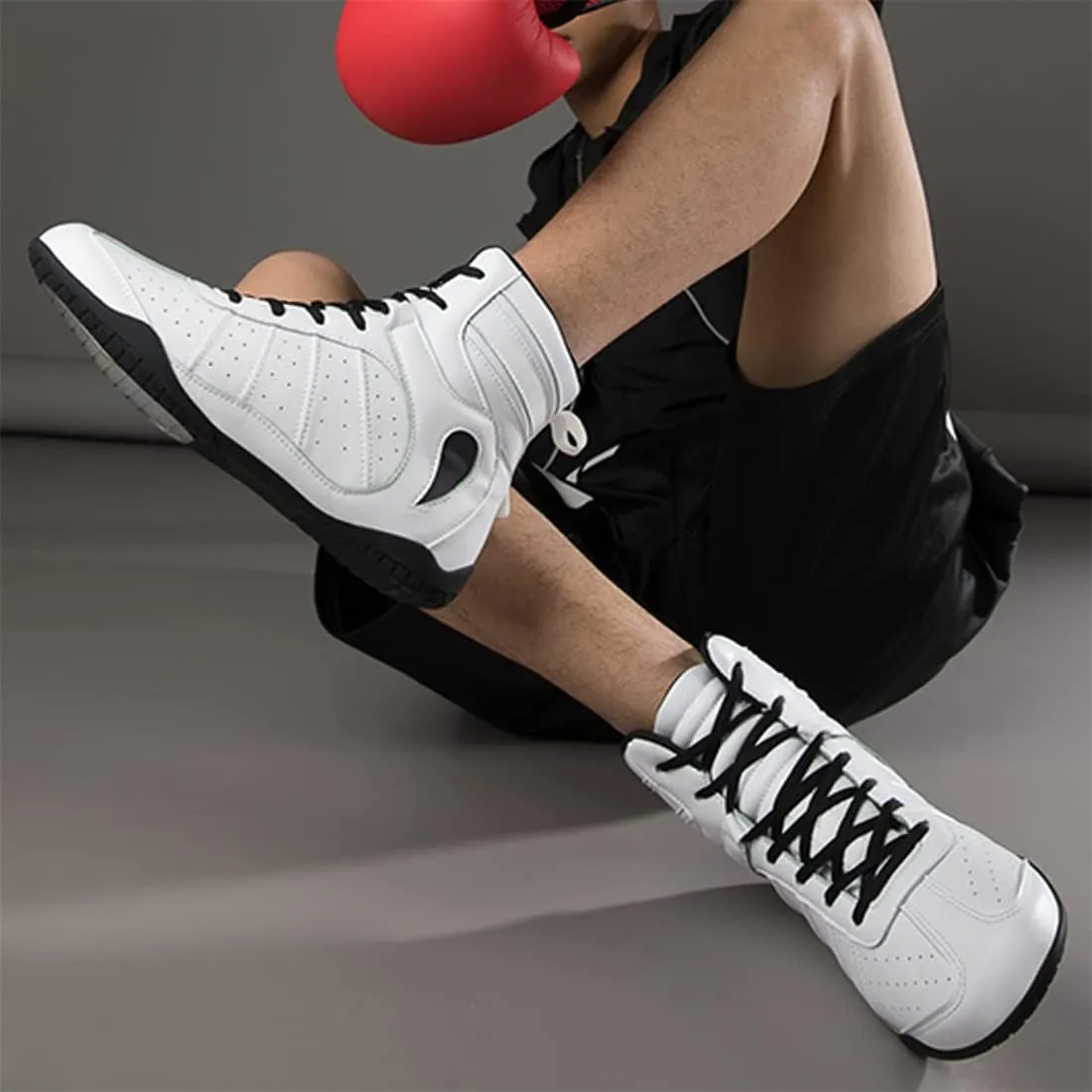 Men's Wrestling Shoe, Extra Wide Bodybuilding Weightlifting Wrestling Shoes Breathable Kickboxing Sparring Trainers Leather Boxing Boots for Boy Youth