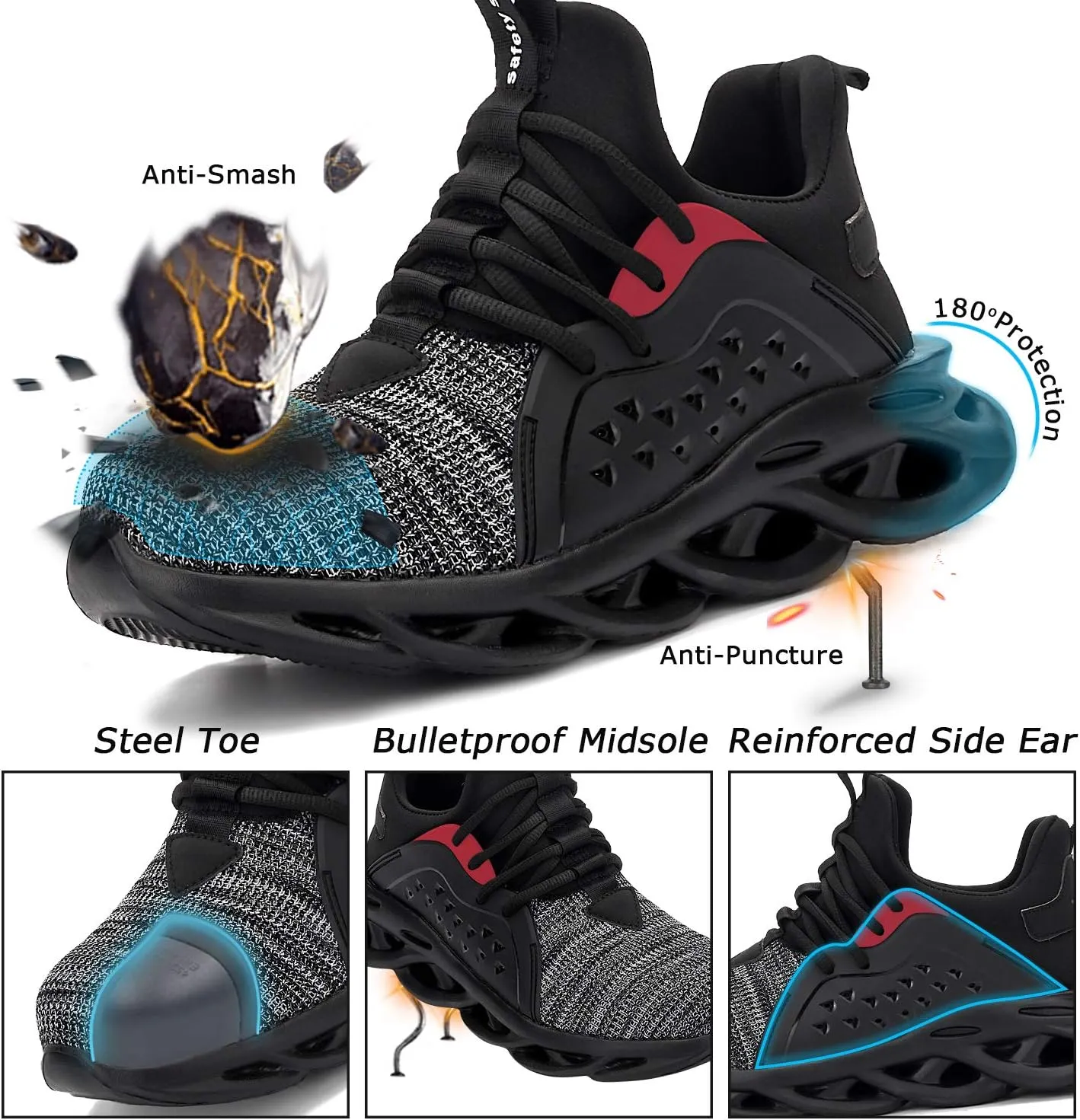 Men's/Unisex Black Steel Toe Sneakers, Lightweight Industrial & Construction Shoes, Size 5 Women/3 Men