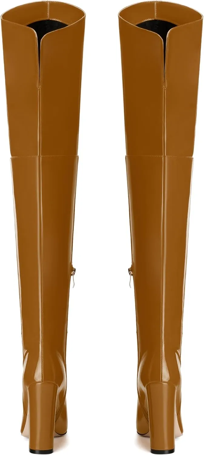 MERRORI Women's Thigh High Boots Pointed Toe 4.3-Inch Chunky Heel Over The Knee Boots Patent Sexy Fashion Side Zipper High Heel Boots