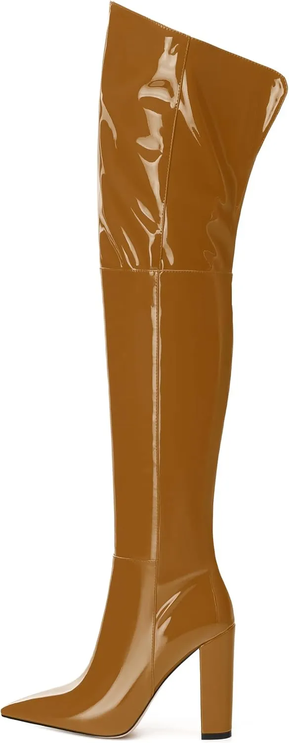 MERRORI Women's Thigh High Boots Pointed Toe 4.3-Inch Chunky Heel Over The Knee Boots Patent Sexy Fashion Side Zipper High Heel Boots
