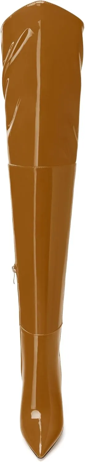 MERRORI Women's Thigh High Boots Pointed Toe 4.3-Inch Chunky Heel Over The Knee Boots Patent Sexy Fashion Side Zipper High Heel Boots